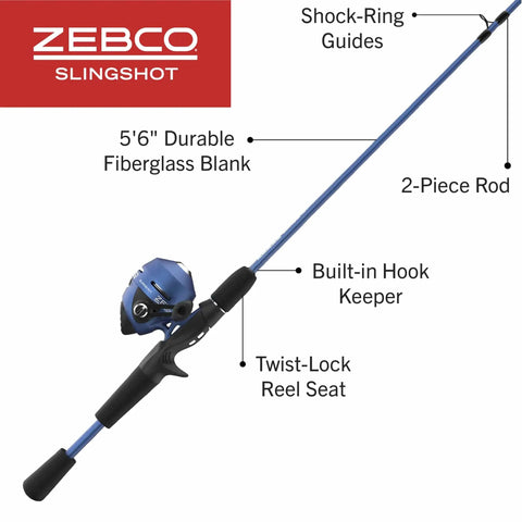 Slingshot Spincast Reel And Rod Combo For Grab And Go Anglers, 5 Foot 6 Inch Two Piece Fiberglass Rod, Size 30 Reel in blue