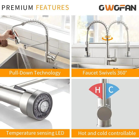 LED Light Kitchen Faucet With Pull Down Sprayer Dope Style Sus304 Stainless Steel Industrial Single Handle Brushed Nickel Finish features