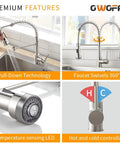 LED Light Kitchen Faucet With Pull Down Sprayer in SS304 Stainless Steel demonstrating pull-down and swivel features