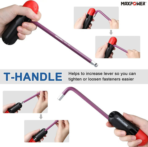 Pro Grade 18-Piece Hex Key Set With Extra Long Ball End Wrenches And T Handle close-up view, showing T handle grip.