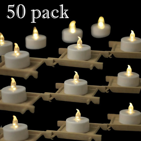 Flameless LED Tea Lights 50 Pack With 200 Hour Battery Realistic Flicker Warm White Glow Battery Operated Candles For Halloween Weddings Parties Seasonal Decor And Ambience, shown on wooden shelves.
