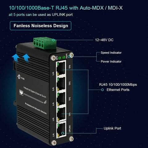 Tough Industrial Five Port Gigabit Ethernet Switch With Five RJ45 Ports 10 100 1000 Mbps Din Rail Mount, front view.
