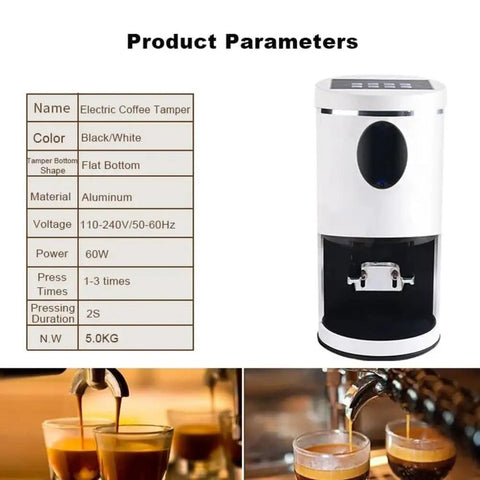 Premium 58Mm Electric Espresso Tamper Featuring Sturdy Adjustable Aluminum Base Hella Smooth Coffee Tamping Tool For Quick Barista Shots In Sleek Black on a counter.