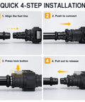 Quick 4-step installation guide for Heavy Duty Two Pack 3/8 Fuel Line Quick Connectors showing connection steps.