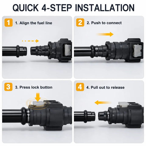 Quick 4-step installation guide for Heavy Duty Two Pack 3/8 Fuel Line Quick Connectors showing connection steps.