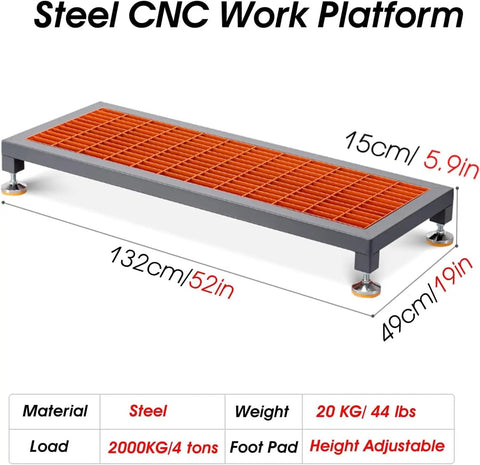 6 Inch Elevated Heavy Duty Work Platform With Adjustable Feet For Industrial CNC Workshop Use Non Slip Steel Ergonomic Deck With Stabilizing Leveling Feet Perfect For Factory Manufacturing On Uneven Floors 52x19in 132x49cm