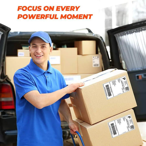 Delivery person in blue uniform carrying boxes with 4x6 Thermal Direct Shipping Labels For Fast, Easy Packing, 500 Labels Per Roll
