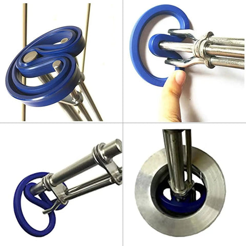 Five Piece Hydraulic Seal Installation Tool Kit With Pick And Hook Set For Cylinder Repair O Ring Swap Quick Fix No Sweat Setup Includes Three Rod Sizes, showing blue seal adapters in various angles.