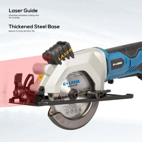 G LAXIA mini cordless circular saw with laser guide, blue body, 4-1/2 in blade; includes 24T and 60T blades