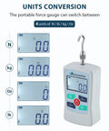 Go To Portable 500N Digital Force Gauge Push Pull Tester With Case, Four Measurement Units N Lb Kg Oz, Max Load 500N 50kg 110lb 1800oz, Accuracy About One Percent, Battery Powered With Two AAA, Three Measurement Modes. unit conversion display