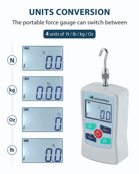 Go To Portable 500N Digital Force Gauge Push Pull Tester With Case, Four Measurement Units N Lb Kg Oz, Max Load 500N 50kg 110lb 1800oz, Accuracy About One Percent, Battery Powered With Two AAA, Three Measurement Modes. unit conversion display