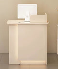 No Drama Adjustable Standing Desk With Slick Reception Counter For Offices, beige reception desk with monitor space.