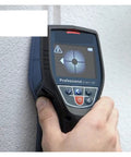 Pro Level Stud Finder And Wall Scanner Boasting Dead On Metal Scanning held against a wall showing digital display and controls.