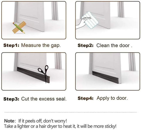 Installation steps for 2 Pack Door Draft Stopper For Exterior And Interior Doors Self Adhesive Door Sweep And Weather Stripping Under Door Seal And Draft Blocker Soundproof Door Bottom Keeps Cold Out And Warm In Fits Gaps Up To 1 Inch 2 Inch Wide 39 Inch Long Black