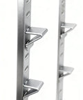 Close-up of Heavy Hitter 18 Piece Silver Steel Shelf Clip Kit, adjustable brackets gripping pilaster strip securely.