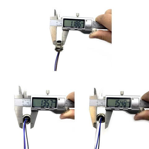 Five Pack M12 4 Pin A Code Male Connector Cable with digital calipers measuring dimensions, showing IP67 back mount design.