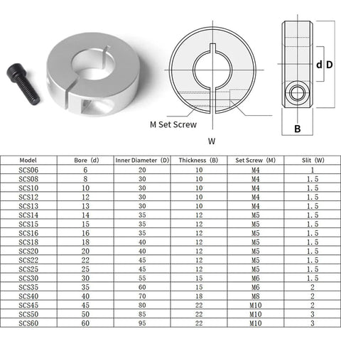 Front view of Sinoblu four aluminum shaft collars for 8mm bore, 30mm OD, 10mm thick, with M4 set screws.