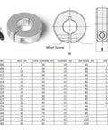 Diagram and table of 4 Pack Aluminum Shaft Collar Clamp Kit For 10mm Bore Shafts, 30mm Outside Diameter, 10mm Thick, M4 Set Screws.