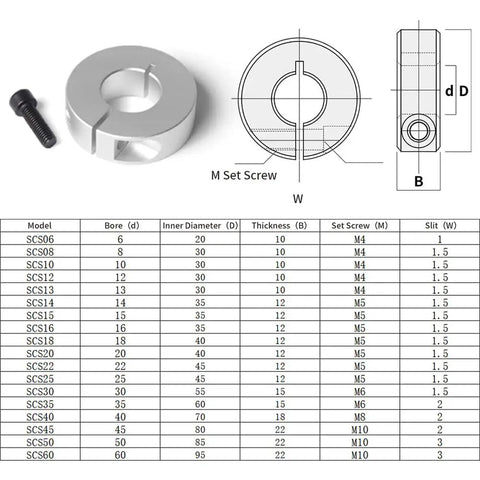 Diagram and table of 4 Pack Aluminum Shaft Collar Clamp Kit For 10mm Bore Shafts, 30mm Outside Diameter, 10mm Thick, M4 Set Screws.