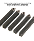 Angled view of five 1/4in indexable turning tools with cemented carbide inserts, black bars for facing and chamfering