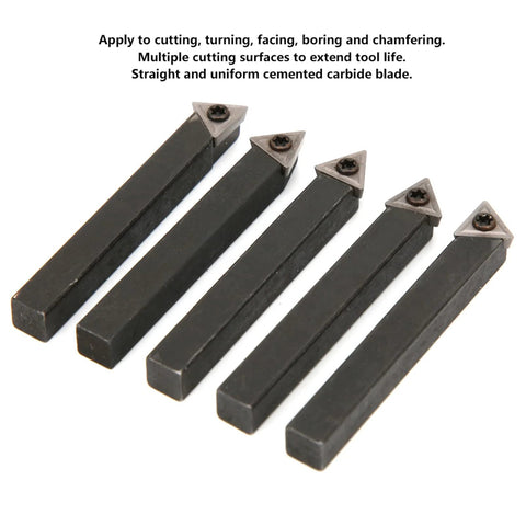 Five 1/4in indexable turning tools with cemented carbide inserts on black coated tool holders.