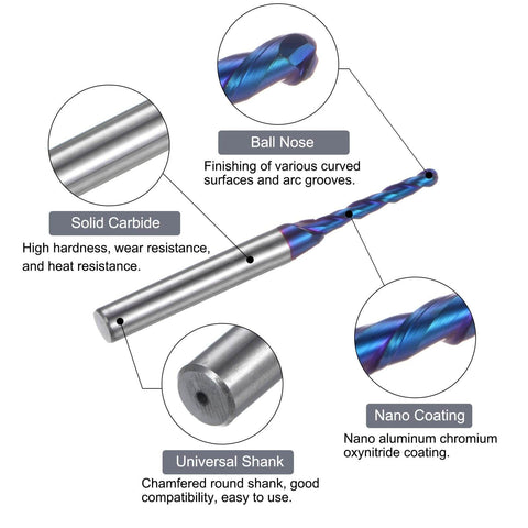 Two Pack Ball Nose End Mill Cnc Router Bit One Eighth Inch Cutting Diameter One Sixteenth Inch Radius One Quarter Inch Shank Two And A Half Inch Total Length Up Cut Two Flutes Solid Carbide Nano Coated Milling Tool with nano coating and solid carbide features displayed.