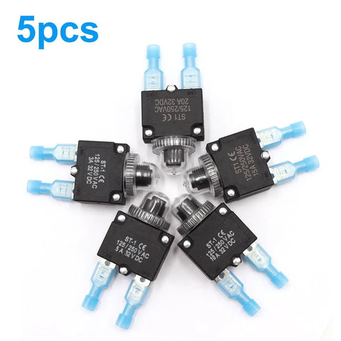 Five Pack Push Button Circuit Breakers With Manual Reset 3A 5A 10A 15A 20A 125/250V AC And 32V DC Quick Connect Terminals