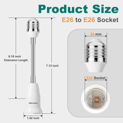 Diagram showing Flexible E26 Socket Extender 6.1 Inch All Directional Adjustable Adapter with socket dimensions and extension length.