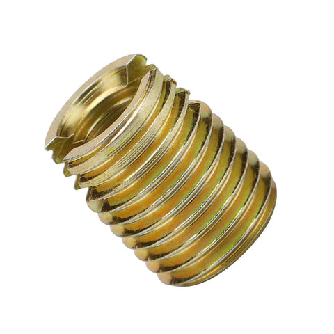 Self Tapping Carbon Steel Thread Repair Inserts Set M2 To M16 20 Pieces For Quick Furniture Repair Durable DIY Kit With Inner M6x1 And Outer M9x1 12mm Length Anti Strip Design For Strong Screws, brass insert close-up