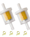 Two 1/4 inch inline fuel filters with yellow elements and four clamps, part of One Quarter Inch Inline Fuel Filter Kit For Briggs And Stratton Kawasaki Toro MTD And Craftsman Engines, 40 Micron, Compatible With 493629 84001895 794079 49019-0027 And More, Easy Install Gas Line Filter.