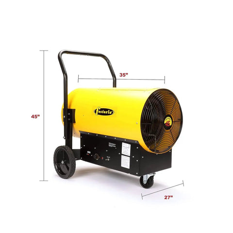 Portable Electric Salamander Heater 45kW 480V 3Phase With Thermostat and Forced Air Indoor safe, yellow torpedo heater on wheels.