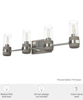 Four Light Vanity Light In Brushed Nickel Sleek Rustic Style Dimmable Fixture With Clear Seeded Glass Shades For Bedrooms Kitchens Foyers And Bathrooms Medium Size Durable Steel Construction, angled view