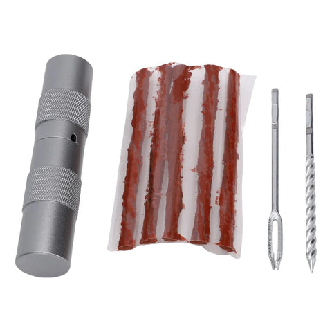 Essential Roadside Tire Repair Kit For Cars And Bikes Capsule Style Puncture Plug Tool including metal plug tool and puncture plugs.