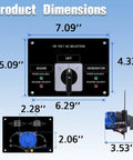 Marine Transfer Switch Panel 120V 30A with dimensions and side view, featuring 2-position break-before-make power selector.