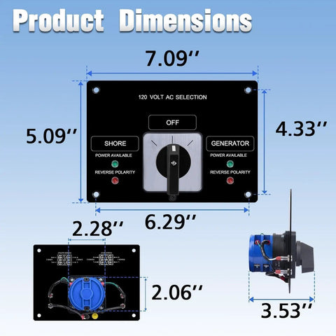 Marine Transfer Switch Panel 120V 30A with dimensions and side view, featuring 2-position break-before-make power selector.