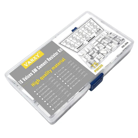 75 Piece 5W Ceramic Cement Resistor Kit With Axial Leads White Wirewound Power Resistors Covering 0.1R Through 10K Ohm in plastic case