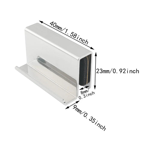 Polished chrome clip of 2 Pack 1.6 Inch Glass Finger Edge Pull Handle For Display Cabinets And Window Doors with dimensions shown.