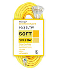10 Gauge 50 Foot Heavy Duty Outdoor Extension Cord With 3 Outlets 15 Amp SJTW Weatherproof Industrial Cable Yellow