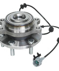 Front And Rear Wheel Bearing And Hub Assembly Kit For 4X4 Nissan Frontier 2005 2019 Xterra 2005 2015 And Suzuki Equator 2009 2012 With Automatic Transmission Plug N Play Drop In Replacement 4WD AWD, shown in close-up view with wiring harness, metal construction, and bolt holes.