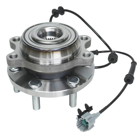 Front And Rear Wheel Bearing And Hub Assembly Kit For 4X4 Nissan Frontier 2005 2019 Xterra 2005 2015 And Suzuki Equator 2009 2012 With Automatic Transmission Plug N Play Drop In Replacement 4WD AWD, shown in close-up view with wiring harness, metal construction, and bolt holes.