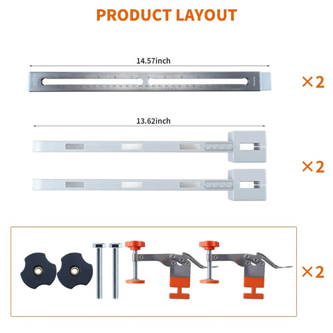 Drawer Slide Jig With Toggle Clamp And Magnetic Arm For Precise Cabinet Installations showing laser engraved dual scale parts and clamps.