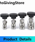 Set of four 304 stainless steel G female needle valves (1/8–1/2 in) with black knurled knobs for flow control