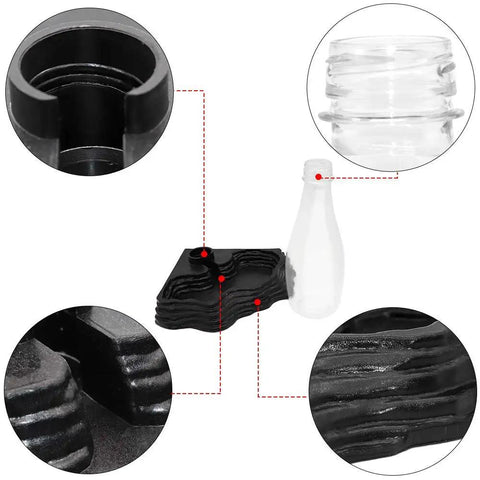 Close-up of No Sweat Automatic Reptile Water Dispenser featuring 13.5 Oz gravity top off, plastic bowl, and bottle interface.
