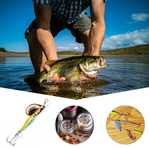 Man holding fish in water; 120 Stainless Steel Wire Spinner Shafts For Fishing Lures displayed, suitable for custom tackle making.