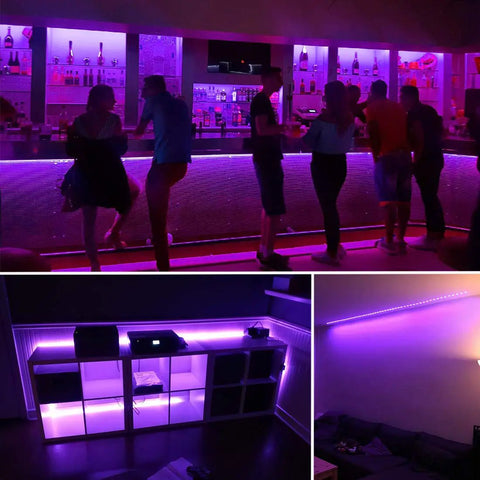 Ultra Bright 20 Foot LED Black Light Strip Kit With 360 LEDs 12V creating fluorescent glow in a party room and lounge area