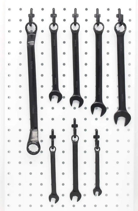 Pegboard Hooks Kit 100 Pack J Hooks Assortment Black No Split Barbs Snag Free holding wrenches on white pegboard