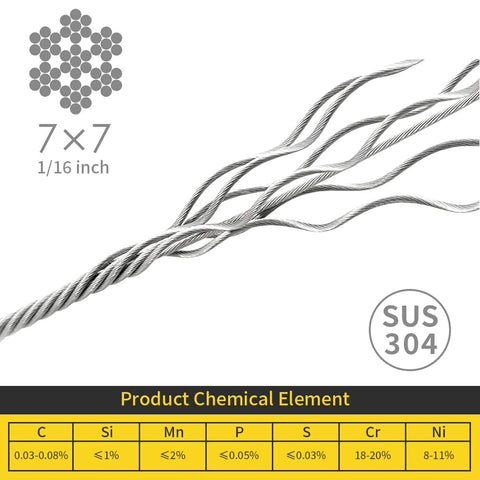 One Sixteenth Inch Stainless Steel Wire Rope Heavy Duty DIY Ready 100 Feet 304 Aircraft Grade Cable With 50 Crimp Sleeves 7x7 Strand 368 Pounds Breaking Strength Weather Resistant For Garden Trellis Clothesline Railing And Outdoor Projects depiction