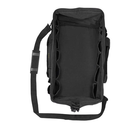 Top view of the Megamouth 18 Inch Tool Tote With 25 Pockets And Wide Open Mouth, showing empty main compartment and strap