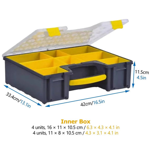 Adjustable Plastic Toolbox With Flexible 9 Compartment Layout open with yellow bins and non slip handle
