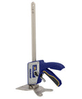 IRWIN Quick-Lift construction jack, front view; blue housing with yellow trim, long metal lift post on a metal base.
